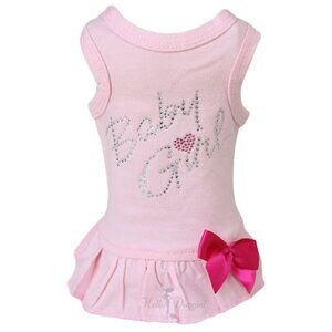 Pink Small Baby Girl Dog Dress with Bling Rhinestones, Heart & Satin Bow
